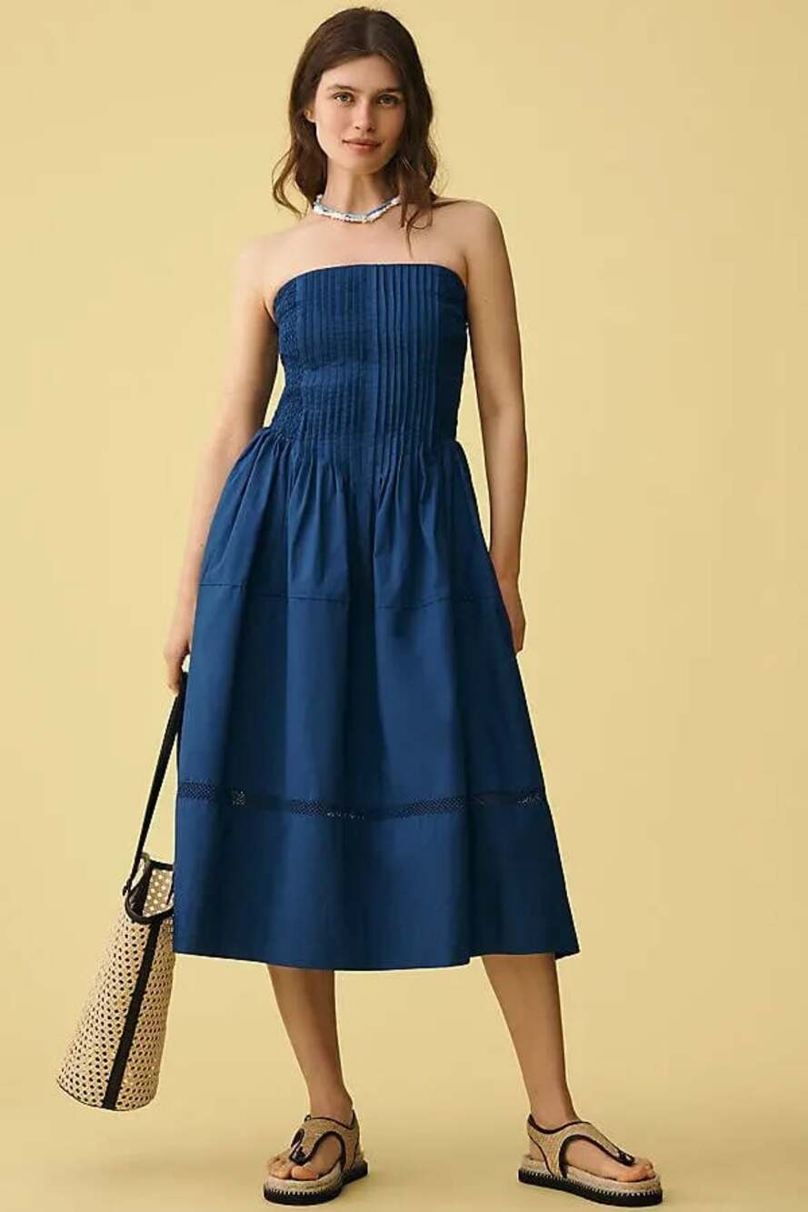 New Anthropologie Cotton Poplin Strapless Midi Dress $168 X-LARGE Navy Smocked